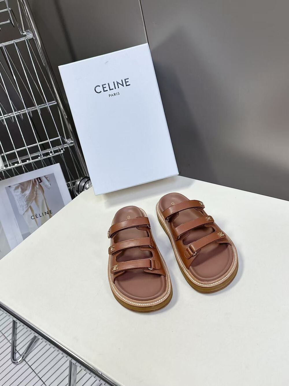 Celine Brown Leather Triple Strap Slide Sandals